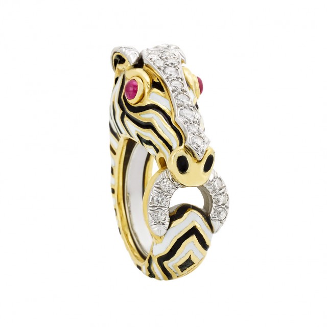Gold, Platinum, Enamel, Ruby and Diamond Zebra Ring, David Webb    