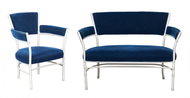 Warren McArthur, Velvet Upholstered Tubular Aluminum Settee and Armchair. Auction Mar 29 / Lot 448