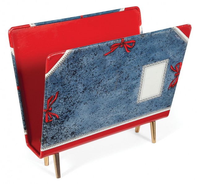 Piero Fornasetti Lithographic Transfer Printed and Hand Painted Metal and Brass Folio Magazine Stand. Estimate: $800-1,200. Lot 246 / Auction June 7