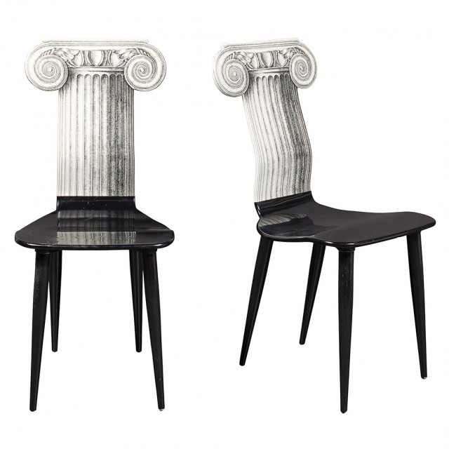 Pair of Piero Fornasetti Lithographed and Lacquered Molded Wood Capitello Jonico Chairs. Estimate: $2,000-3,000. Lot 249 / Auction June 7