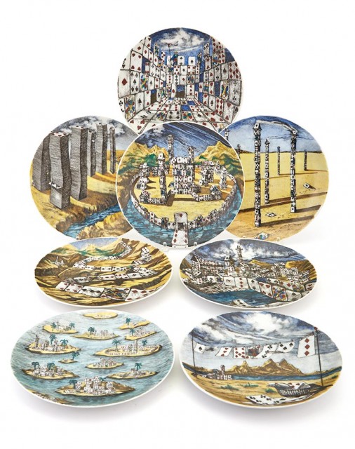 Set of Ten Piero Fornasetti Transfer Decorated Citta di Carte Porcelain Plates. Made for Tiffany and Co. Estimate: $1,000-1,500. Lot 250 / Auction June 7