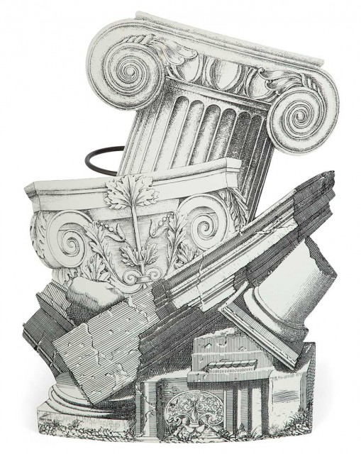 Piero Fornasetti Hand Painted and Lithographic Transfer Printed Enameled Metal Tromp l'Oeil Capital Umbrella Stand. Estimate: $700-1,000. Lot 254 / Auction June 7