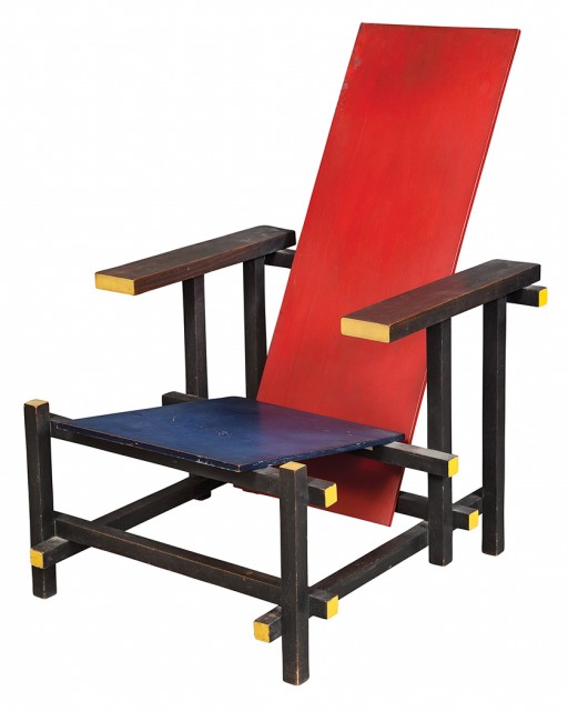 Gerrit Rietveld Painted and Stained Wood Red Blue Chair. Estimate: $8,000-12,000. Lot 282 / Auction June 7