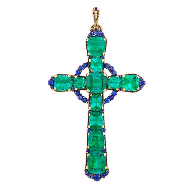 Antique Gold, Tourmaline and Sapphire Cross Pendant, Tiffany and Co., circa 1910.