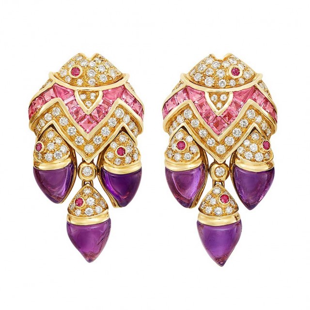 Lot 308. Pair of Gold, Diamond, Pink Sapphire, Cabochon Amethyst and Ruby Fish Earclip. Est. $3,500-4,500