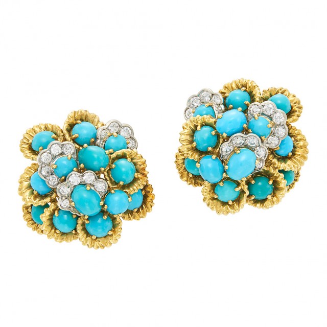 Lot 344. Pair of Gold, Platinum, Turquoise and Diamond Earclips, France. Est. $1,000-1,500
