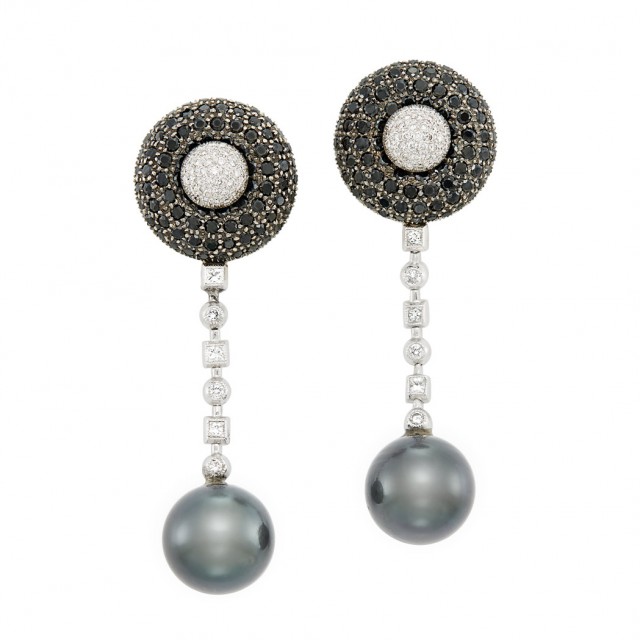 Lot 381. Pair of White Gold, Tahitian Black Cultured Pearl, Black Diamond and Diamond Pendant-Earrings. Est. $800-1,200