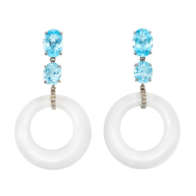 Lot 393. Pair of Blackened Gold, Blue Topaz, Diamond and White Agate Pendant-Earrings. Est. $800-1,200