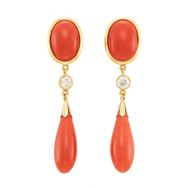 Lot 4. Pair of Gold, Coral and Diamond Pendant-Earclips.  Est. $600-800
