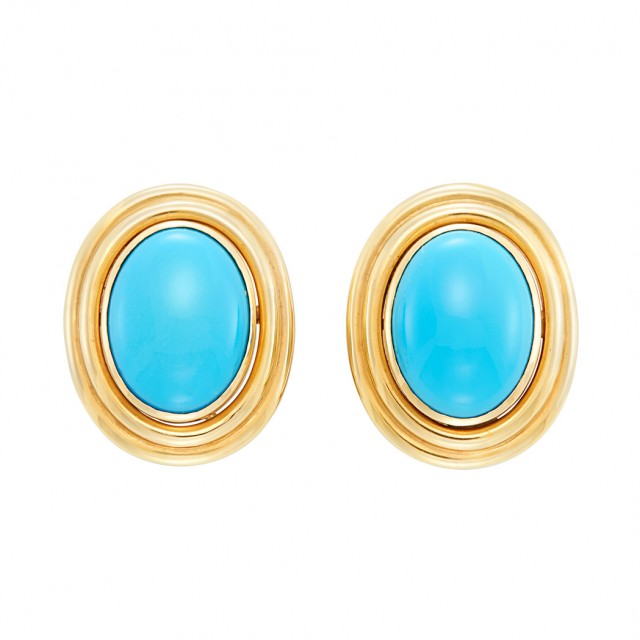 Lot 480. Pair of Gold and Turquoise Earclips. Est. $400-600
