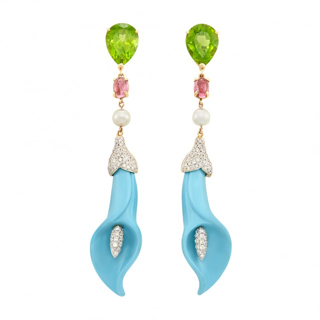 Lot  486. Pair of Two-Color Gold, Carved Turquoise Composite, Gem-Set, Diamond and Cultured Pearl Pendant-Earclips. Est. $1,500-2,000