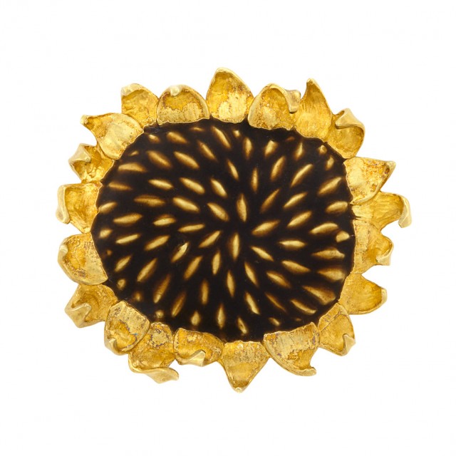 Lot 592. Gold and Enamel Sunflower Brooch, Angela Cummings. Est. $2,000-3,000