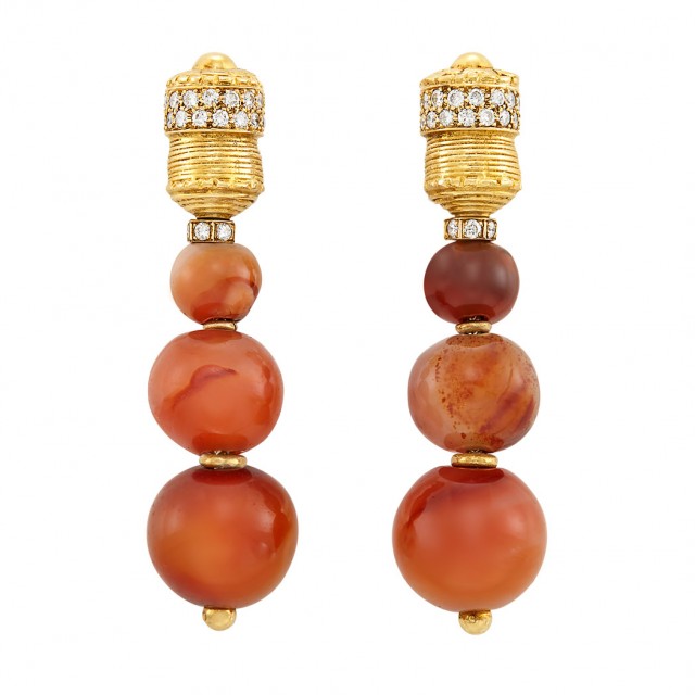 Lot 652. Pair of Gold, Diamond and Carnelian Bead Pendant-Earclips, Boucheron, France. Est. $3,000-4,000