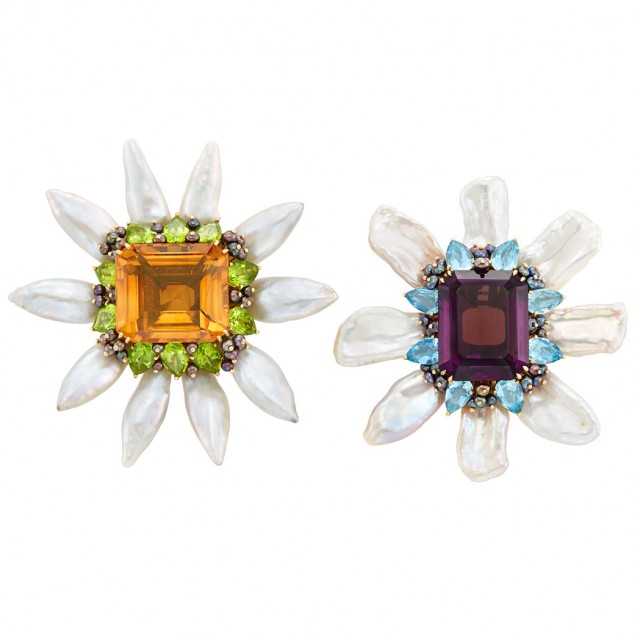Lot 664. Pair of Gold, Freshwater Pearl and Gem-Set Flower Clip-Brooches, Valentin Magro. Est. $2,000-3,000