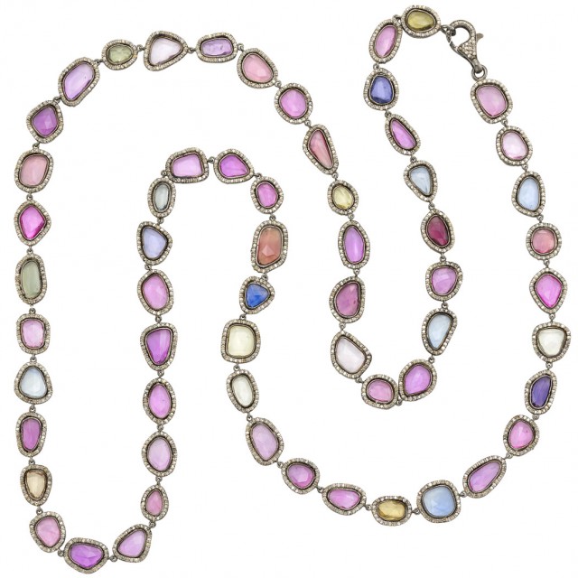 Lot 68. Long Silver, Multicolored Sapphire and Diamond Necklace. Est. $3,000-4,000