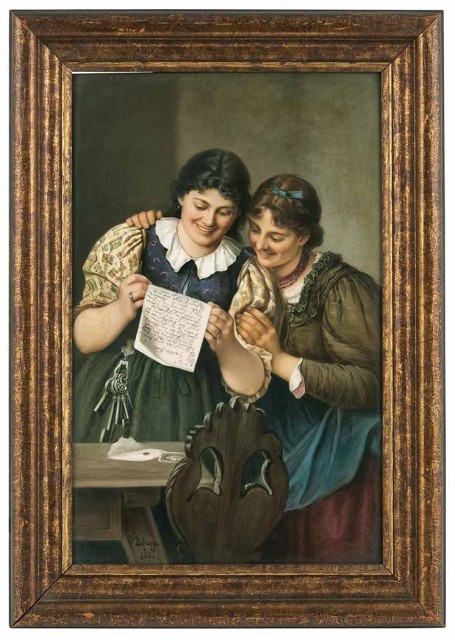 KPM Painted Porcelain Plaque of Two Women Titled in German Sepp's erster Brief (Joseph's First Letter), After Franz bon Defregger, last quarter of the 19th century. Sold for $3,437.