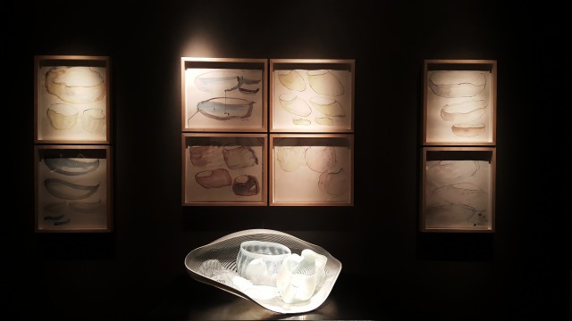 Oyster Gray Seaform Set with Foam White Lip Wraps, 1981; and several watercolor drawings