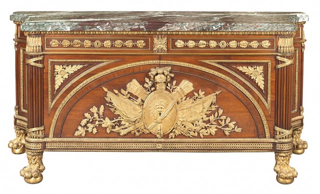 Louis XVI Style Gilt-Bronze Mounted Mahogany, Kingwood and Rosewood Marble Top Commode à Vantaux, After a model by Guillaume Benneman and Joseph Stöckel, late 19th/early 20th century. Lot 447.