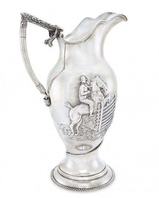 An Unusual S. Kirk and Son Sterling Silver Equestrian Theme Pitcher, 1880-1890. Est. $2,500-3,500. Lot 194. Auction Oct 4 