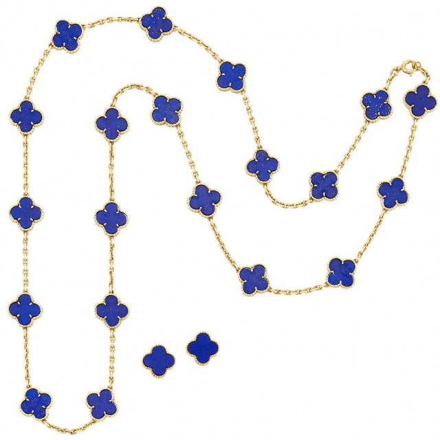 Long Gold and Lapis Lazuli 'Alhambra' Necklace and Pair of Earrings, Van Cleef and Arpels, France. Sold for $31,250.