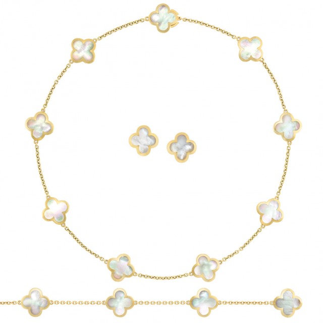 Gold and Mother-of-Pearl 'Alhambra' Necklace/Bracelet Combination and Pair of Earrings, Van Cleef and Arpels. Sold for $22,500.