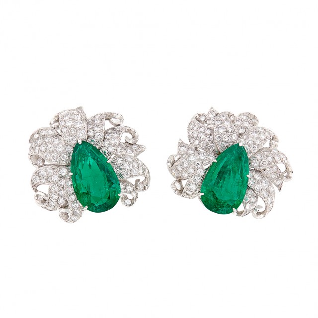 Pair of Platinum, Emerald and Diamond Earclips, circa 1960. Est. $45,000-65,000. Lot 517. Auction Oct 18