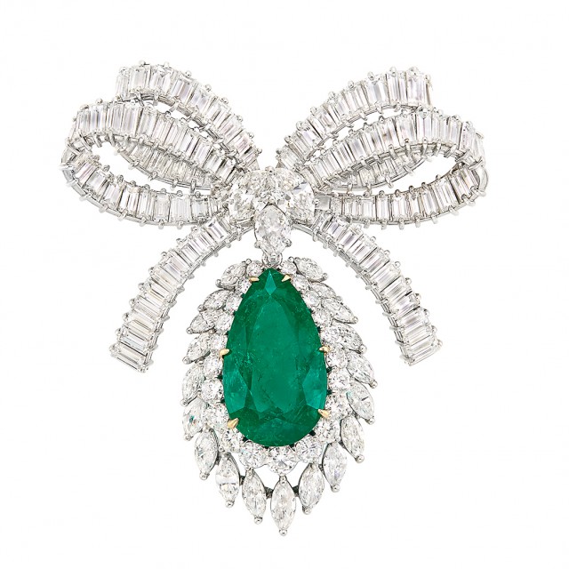 Platinum, Emerald and Diamond Bow Brooch. Est.$125,000-175,000.Lot 511. Auction Oct 18