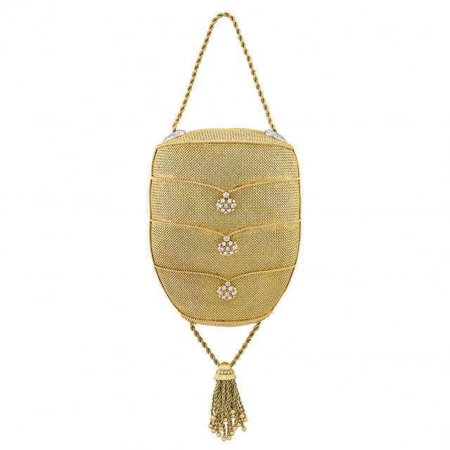 Gold, Platinum and Diamond Tassel Purse with Gold Chain Necklace, Van Cleef and Arpels. Est. $30,000-60,000. Lot 455. Auction Nov 13 in Beverly Hills.