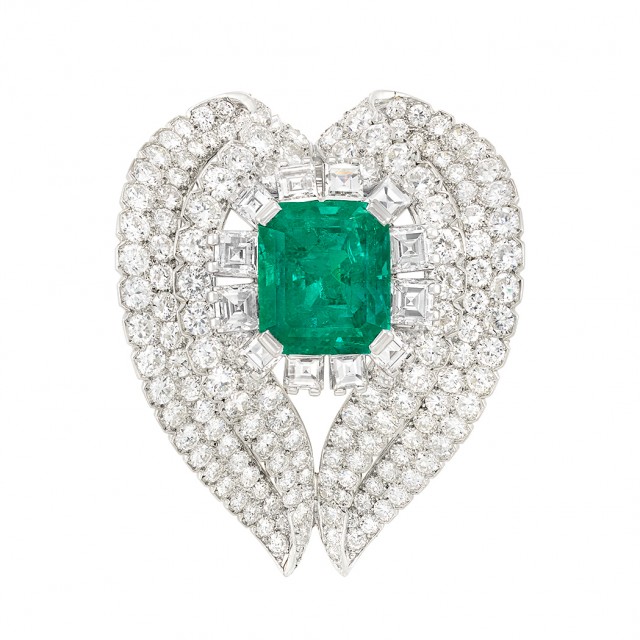 Platinum, Emerald and Diamond Clip-Brooch, Cartier, Paris, circa 1935. Est. $150,000-250,000. Lot 519. Auction Oct 18