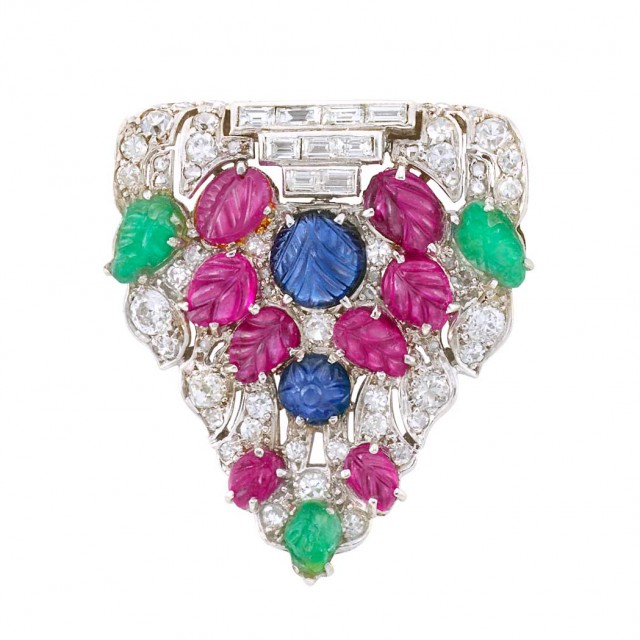 Art Deco Platinum, Carved Colored Stone and Diamond 'Tutti Frutti' Brooch, circa 1925.