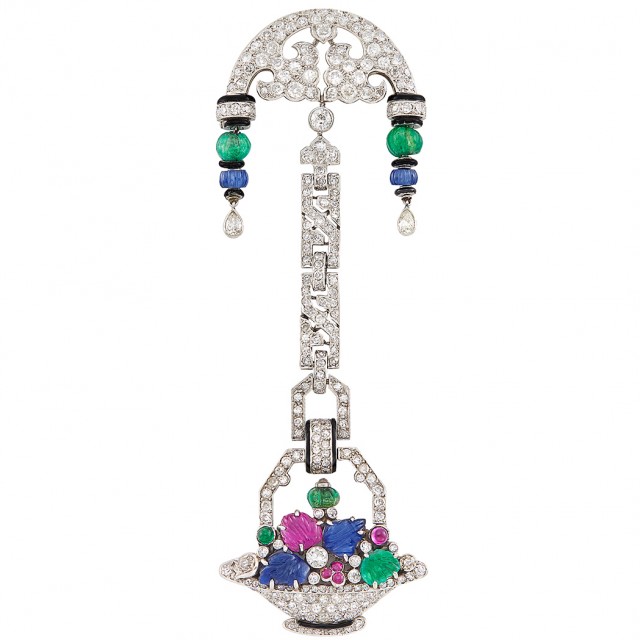 An Exquisite Art Deco 'Tutti Frutti' and Diamond 'Vase de Fleurs' Lapel-Watch, Van Cleef and Arpels, Audemars Piguet and Co., France,circa 1922. Est. $25,000-35,000. Lot 400. Auction Dec 13