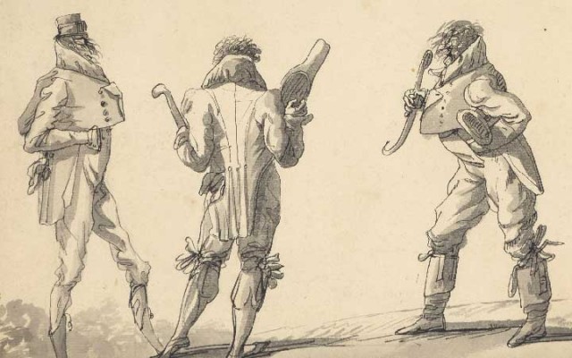 French School, Late 18th Century, Three Incroyables, Black ink and gray wash on paper. Lot 53. Auction Jan 31.