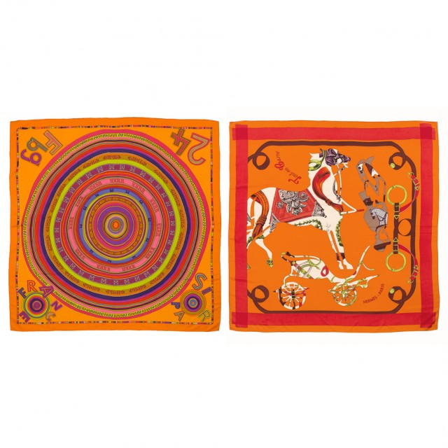 Silk and Cashmere 'Tohu Bohu' Scarf, by Claudia Stuhlhofer-Mayr, Hermès, Paris and 'Tout en Carré' Scarf, Hermès, Paris. Est. $600-800. Lot 700. Auction Feb 21
