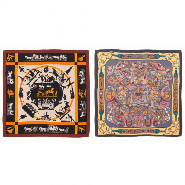 Two Cashmere and Silk Scarves 'Jeux D'Ombres and Folklore', Hermès, Paris. Est. $500-700. Lot 707. Auction Feb 21