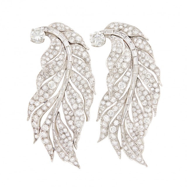 Pair of Platinum and Diamond Feather Clips, Paul Flato. Est. $30,000-50,000. Sold for $106,250 on April 24.