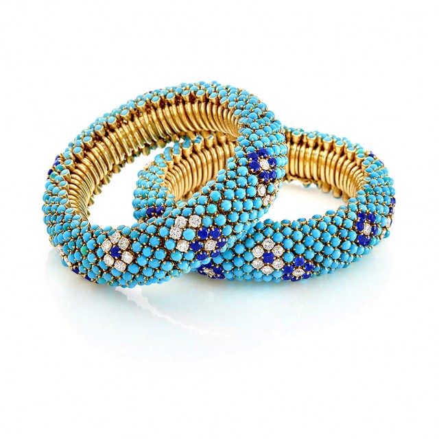 Pair of Gold, Turquoise, Diamond and Sapphire Bracelets/ Necklace Combination, Van Cleef and Arpels, France. Est. $30,000-50,000. Sold for $150,000