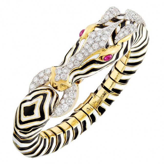 Gold, Platinum, Enamel, Diamond and Cabochon Ruby Zebra Bangle Bracelet, David Webb. Est. $25,000-35,000. Sold for $40,625.