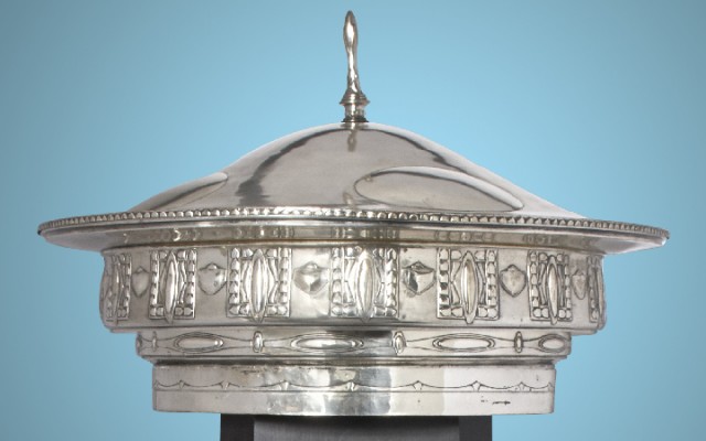 Vienna Secession Silver Plated Monumental Bowl and Cover Designed by Josef Maria Olbrich for the Living Room Interior in the German Exhibit of Arts and Crafts at the Louisiana Purchase Exhibition in 1904. Auction June 6.