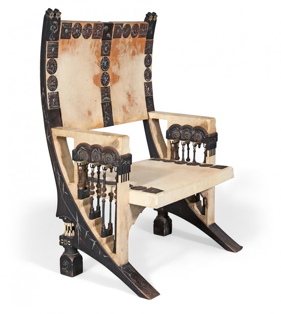 Carlo Bugatti Parchment, Ebonized Wood, Copper, Pewter and Inlaid Bone Armchair. Est. $8,000-12,000. Lot 157. Auction June 6.