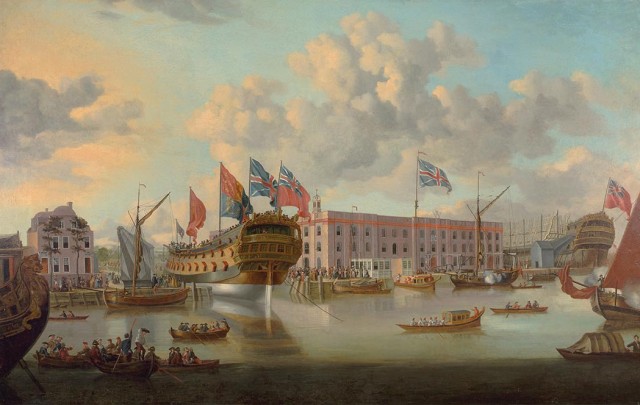 William Prat, The 'St. Albans' Floated out at Deptford, after John Cleveley the Elder. Lot 31. Est. $8,000-12,000. Auction May 23.