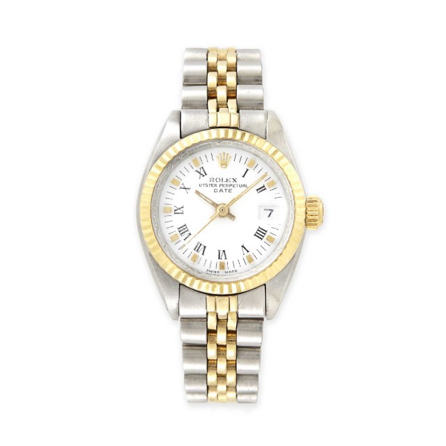 Lot 2006. Lady's Gold and Stainless Steel 'Oyster Perpetual Date' Wristwatch, Rolex. Est. $1,000-1,500.