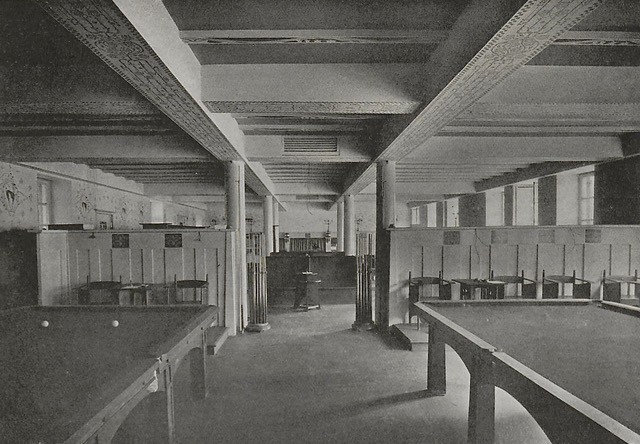 The Billiard Room at Miss Cranston's Argyle Street Tea Room, circa 1906, showing the chairs and stands designed by Mackintosh.