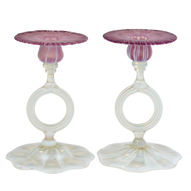 Pair of Tiffany Pastel and Opalescent Favrile Glass Candlesticks. Lot 496. Auction Dec 5, 2018