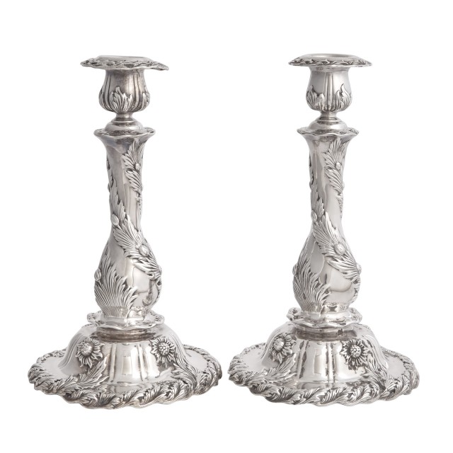 Pair of Tiffany and Co. Sterling Silver Chrysanthemum Pattern Candlesticks. Est. $1,500-2,500. Lot 127. Auction ends April 21.