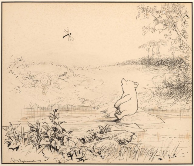 E.H. Shepard, "So he sat down on the stone in the middle of the stream..."  Original drawing for A.A. Milne's The House at Pooh Corner, 1928, published on page 55 of the book. Est. $30,000-50,000. Lot 78. Auction April 22.