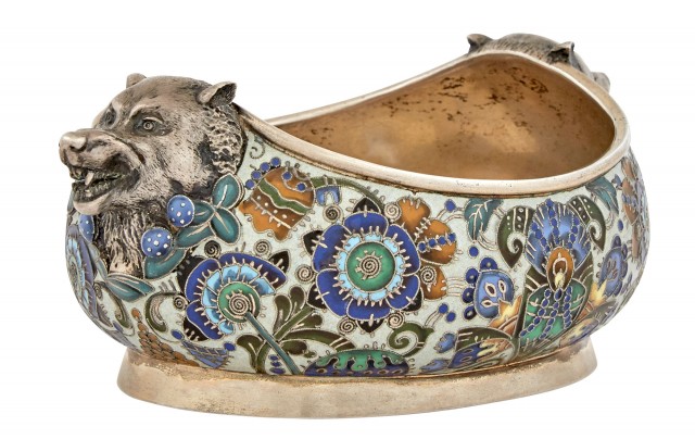 Russian Parcel-Gilt Silver and Cloisonné Enamel Bowl, Feodor Rückert, Moscow, 1908-1917. Sold at Doyle on April 28, 2020 for $43,750.