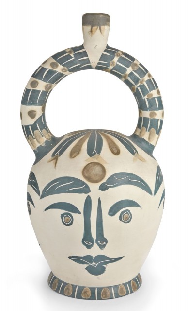 Pablo Picasso, Vase Aztèque aux Quatre Visages, Painted white ceramic vase, 1957. Est. $60,000-80,000. Lot 143. Auction April 29.