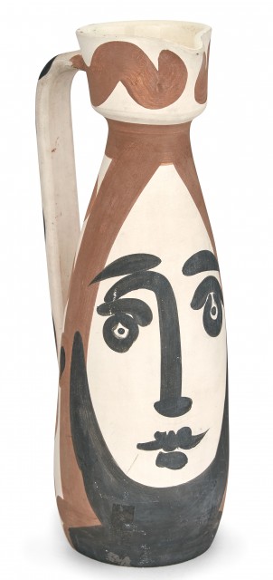 Pablo Picasso (1881-1973), Visage, Painted and partially glazed (interior only) white ceramic pitcher, 1955. Est. $6,000-8,000. Lot 140. Auction April 29, 2020.