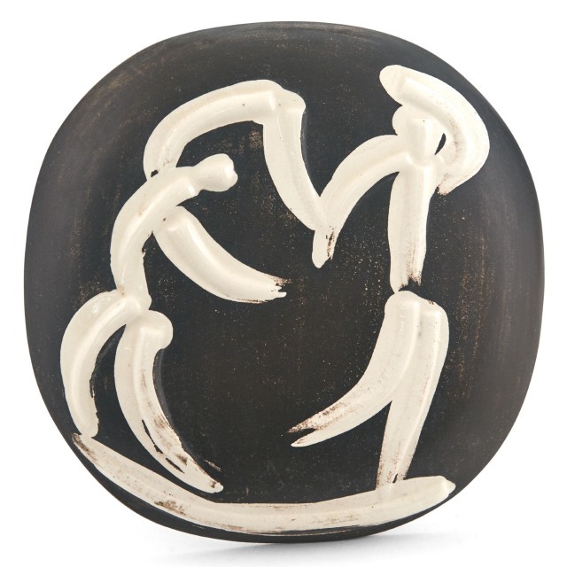 Pablo Picasso, Danseurs, Painted and partially glazed white ceramic plaque, 1956. Est. $3,000-4,000. Lot 142. Auction April 29, 2020.