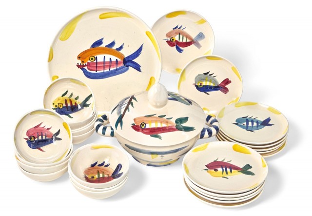 Pablo Picasso, Service Poisson, Complete 26 piece painted and glazed white ceramic service, 1947. Est. $60,000-80,000. Lot 134. Auction April 29, 2020.